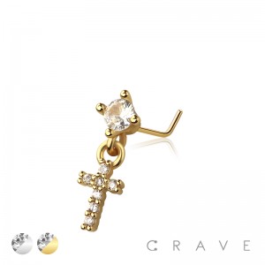 CZ CROSS DANGLE CZ 316L SURGICAL STEEL L-SHAPE NOSE RING